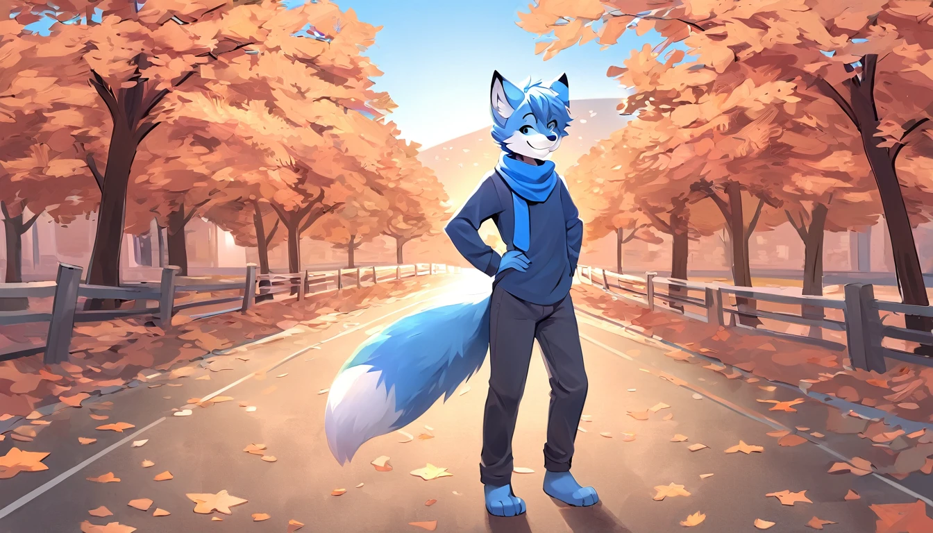 furry male, furry, solo, animal ears, 1boys, tail, blue hair, full body, white fur, body fur, two-tone fur, short hair, blue fox ears, looking at viewer, pants, standing, animal nose, long sleeves, outdoors, fox boy, fox tail, blue fur, blue scarf, hand on own hip,smile,