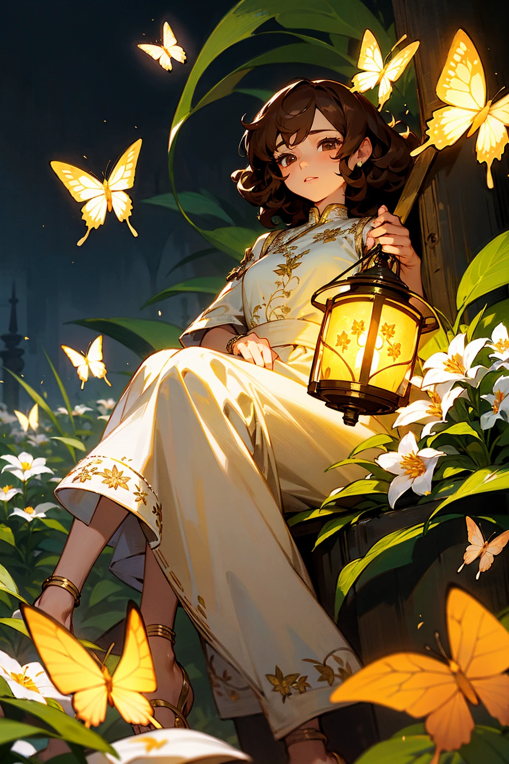 1female, shoulder-length curly brown hair, deep brown eyes, simple white dress with floral embroidery, golden anklet, holding a lantern, garden path background with blooming flowers and glowing butterflies, detailed face, masterpiece, 8k