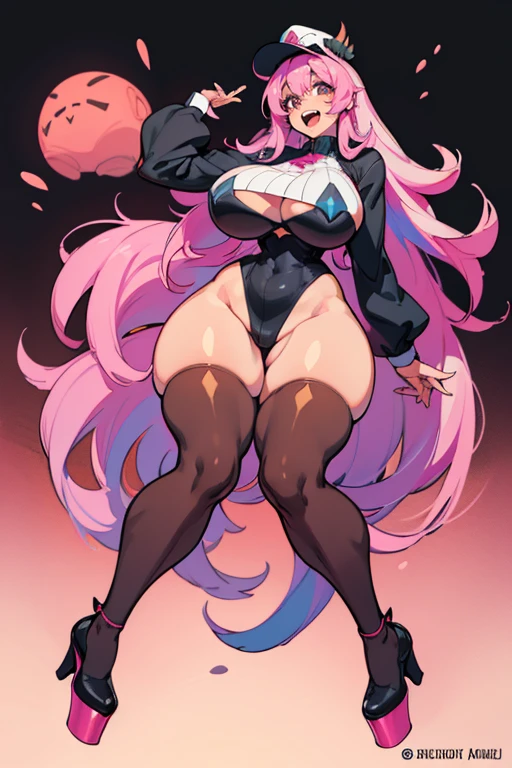 exited, smile, scream, Open mouth, young girl, Pullover, whole body to see, very long hair, (( very wide hips)), (((colossal Thighs, gigantic thighs, very huge thighs, very big thighs))), fullbody, platform heels, black skin, very Big breast, pink high cut leotard, summer, hat, colorfull,