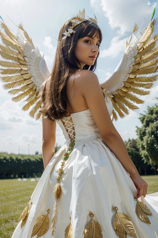 Woman with white dress and fabrics that look like wings, golden headdress with green feathers