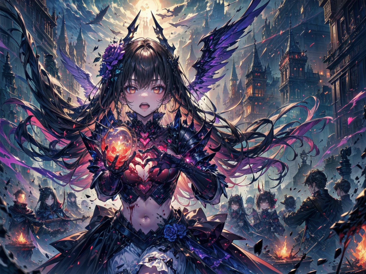 (((Highest quality)))(((high resolution)))外見は黒いfog,Put on your armor,Modern Battle Suit(((detailed)))The shape is humanoid,Modern weapons(((detailed)))Eyes glow red,The shape is made of glowing purple hearts..(((detailed)))Bone格は人間のようだ、Muscle fibers are visible.,fogのようなもので獲物を探す(((detailed)))Barren Land,dead tree,fog,Chaotic world(((detailed)))Battle Scenes,overwhelmingly strong,Highest quality。(Highest quality,4K,High resolution,masterpiece:1.2),非常にdetailed,Realistic:1.37,masterpiece, Highest quality, Exquisitely crafted, woman, beautiful, elegant, smile, Blood, iridescent Long Hair, bangs, skirt, shirt, Long sleeve, Frills, shoes, (Red and Black:1.4), flower, spooky, Horror, 頭蓋Bones, Long Hair, Black Hair, Candles, Blood, hair flower, Dead, hair ornaments, Bone, doll, 頭蓋Bone, skeleton, Horror (theme),spooky altar background,Dark fantasy,Red color scheme,Ominous atmosphere,Eye-catching,Storytelling,anatomy,Anime Style,Concept Art,beautiful細部までこだわった顔と (((Red eyes ))),A terrifying ritual ,Satanic Ritual,Premature death,Misconduct,クレイジーなsmile,Scythe Face,Girl Monster, beautiful, Delicate facial features, Sharp Eye, Sharp Fangs, Pale skin, blonde,robot,Cursed Painting, Dark Background, Cinema Lighting, Dramatic Shadows, Gothic style, Gloomy atmosphere, Dark fantasy, One Girl, , Please open your mouth wide, Open your mouth and baring your teeth,Sharp teeth like a beast, Wide lips, very wide mouth, Vermilion cheeks, ,(Bloodしぶき:1.4),Scary smile, smile,Fallen angel design, ねじれたsmile、Bloodまみれの、頭からの出Blood,、Bloodしぶき、,(Bloodしぶき:1.4),Crossbones, 頭蓋Bone,Horrorスタイル, ((Fantasy Fallen Angel Costume)), ((流れるようなBlack Hair)), ,(Bloodしぶき:1.4),womanの曲線, Sexy flat stomach, Perfect hands, Perfect anime face, ((White Lolita Dress)), Are standing, ((邪悪なsmile)), ,(Bloodしぶき:1.4), Steam circulates, Moonlight Illumination, night lighting, disaster々new devil horns,,(Bloodしぶき:1.6),アニメFallen angel design, ねじれたsmile、Bloodまみれの、頭からの出Blood,、Bloodしぶき、,(Bloodしぶき:1.4),Crossbones, 頭蓋Bone,Gothic architecture、Western architecture、Fantasy World、,Victorian cities, 骸Boneのガス灯,