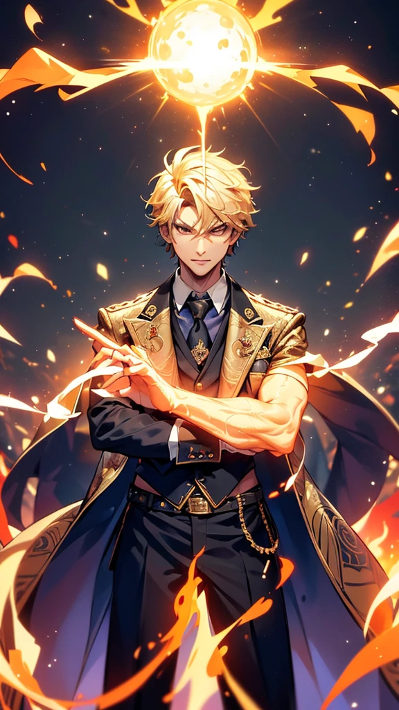 His costume, in addition to being elegant, is also imbued with various meanings and symbols that indicate his position or important role in his world. His belt is adorned with a golden pattern that seems to symbolize some power or power. The fine print on the belt is complex and seems to have been designed specifically for him in the neck area. He wears a dark black tie that matches the suit and also reinforces him. His suit has an elaborately designed collar and buttons. The collar is gold in color, matching the circumcision on the cuffs and other parts of the suit. These gold buttons complement his look with a unique level and style, the flames that surround it. He seems to move along his movements. These flames not only add drama to the picture, but also give a sense of boundless power. The blue and orange light erupting from the flame makes the surrounding atmosphere lively and full of energy. The background of the picture is a beautiful combination of light and shadow, making the character look lively and full of energy. This looks even more striking. The light emanating from the objects in his hand and the surrounding flames give this image even more dimension and depth. Every element in this image — clothing, posture, objects he holds, and the surrounding atmosphere — all complement each other, making this character appear powerful, mysterious, and important. Much in his world, it is a narrative that makes the image of the character clearly and vividly visible.
