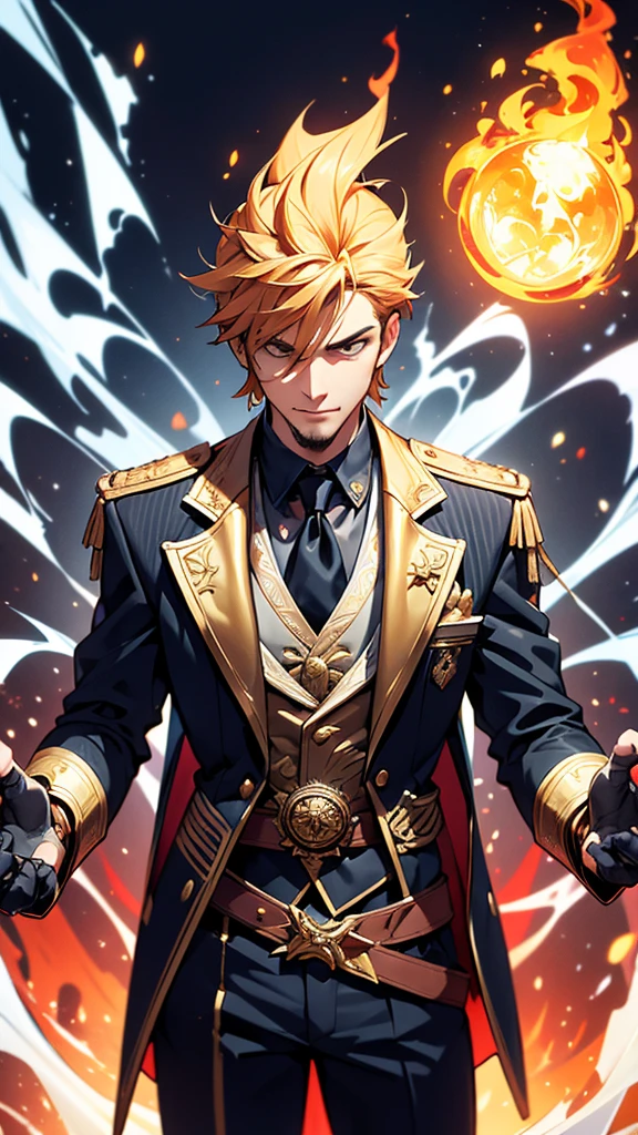 His costume, in addition to being elegant, is also imbued with various meanings and symbols that indicate his position or important role in his world. His belt is adorned with a golden pattern that seems to symbolize some power or power. The fine print on the belt is complex and seems to have been designed specifically for him in the neck area. He wears a dark black tie that matches the suit and also reinforces him. His suit has an elaborately designed collar and buttons. The collar is gold in color, matching the circumcision on the cuffs and other parts of the suit. These gold buttons complement his look with a unique level and style, the flames that surround it. He seems to move along his movements. These flames not only add drama to the picture, but also give a sense of boundless power. The blue and orange light erupting from the flame makes the surrounding atmosphere lively and full of energy. The background of the picture is a beautiful combination of light and shadow, making the character look lively and full of energy. This looks even more striking. The light emanating from the objects in his hand and the surrounding flames give this image even more dimension and depth. Every element in this image — clothing, posture, objects he holds, and the surrounding atmosphere — all complement each other, making this character appear powerful, mysterious, and important. Much in his world, it is a narrative that makes the image of the character clearly and vividly visible.