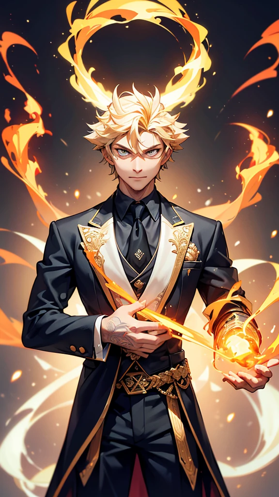 His costume, in addition to being elegant, is also imbued with various meanings and symbols that indicate his position or important role in his world. His belt is adorned with a golden pattern that seems to symbolize some power or power. The fine print on the belt is complex and seems to have been designed specifically for him in the neck area. He wears a dark black tie that matches the suit and also reinforces him. His suit has an elaborately designed collar and buttons. The collar is gold in color, matching the circumcision on the cuffs and other parts of the suit. These gold buttons complement his look with a unique level and style, the flames that surround it. He seems to move along his movements. These flames not only add drama to the picture, but also give a sense of boundless power. The blue and orange light erupting from the flame makes the surrounding atmosphere lively and full of energy. The background of the picture is a beautiful combination of light and shadow, making the character look lively and full of energy. This looks even more striking. The light emanating from the objects in his hand and the surrounding flames give this image even more dimension and depth. Every element in this image — clothing, posture, objects he holds, and the surrounding atmosphere — all complement each other, making this character appear powerful, mysterious, and important. Much in his world, it is a narrative that makes the image of the character clearly and vividly visible.