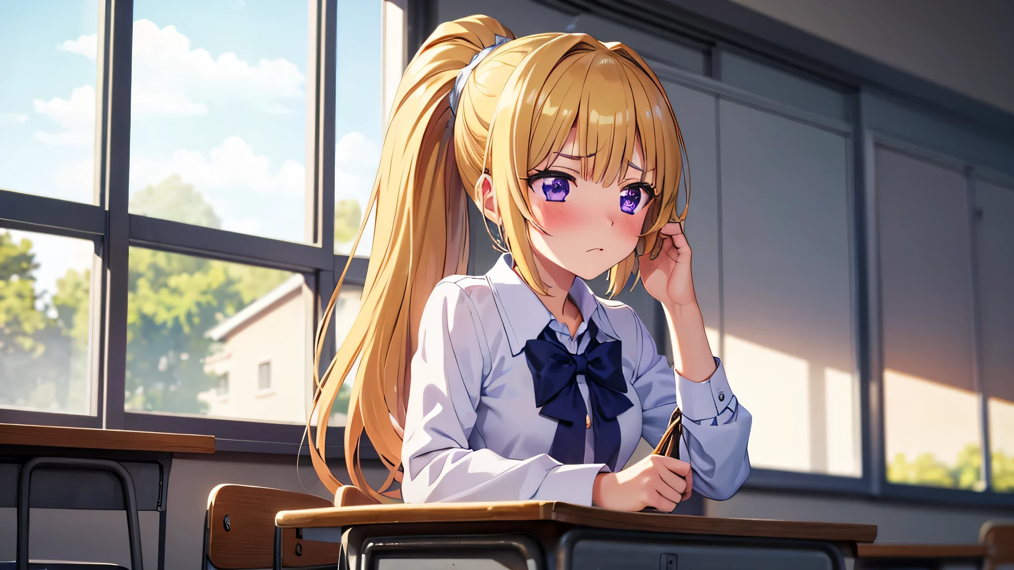 masterpiece, best quality, highres, perfect hands, Kei Karuizawa, 1girl, blonde hair, long ponytail hairstyles, violet eyes, jewelry, sad expression, sadness, perfect body, small breast, slingshot, blush, in classroom, school, school outfits, sit down, sitting in a chair, classroom window, focus on face