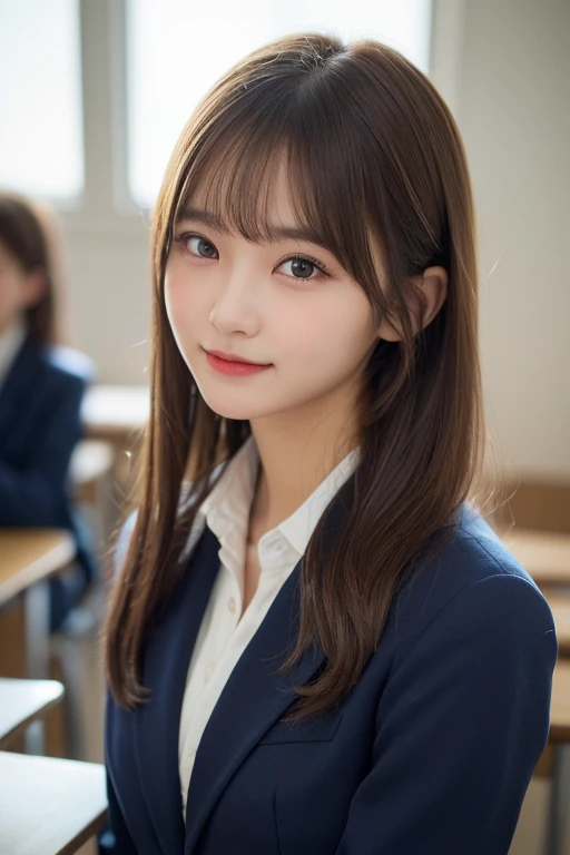 (masterpiece:1.5)、(Realistic:1.5)、(Highest quality:1.4、8k、RAW Photos)、
Ultra-high resolution、Professional Lighting、Perfect dynamic composition、classroom、
Film Grain、chromatic aberration、(Bokeh:1.1)、
Frank、Sophisticated、charm、Surreal、Attention to detail、Golden Ratio、
(1 girl)、Slender girl、Delicate and charming girl、Cute Woman:1.4、
smile、Looking at the audience、Long Hair、
Light brown hair、Shiny Hair、
Realistic looking skin、
Beautiful Eyes、double eyelid、Thin arms、School uniforms、Navy Blue Blazer、Dress shirt、tie、From the chest up