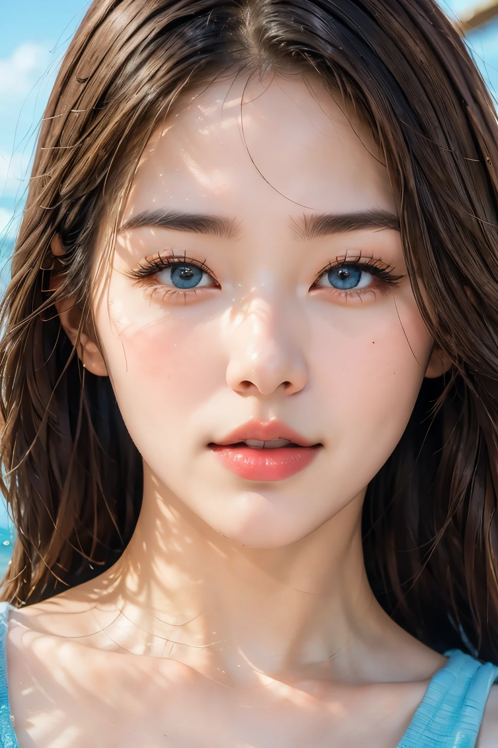 jwy1, perfect eyes, best quality, standing, pose,sexy,masterpiece, Nikon RAW Photos,8 thousand,Fujifilm XT3,masterpiece, best quality, realistic, photorealistic,very detailed,very detailed 얼굴, alone,1 woman, blue sky,Beach,sports,