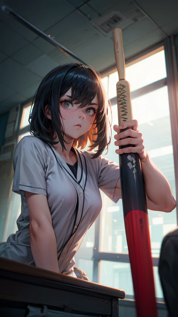 Classroom, Condescending Gaze, , look down, Glare, baseball bat, swing a baseball bat, cinematic lighting, UHD, best quality, highres, 8k