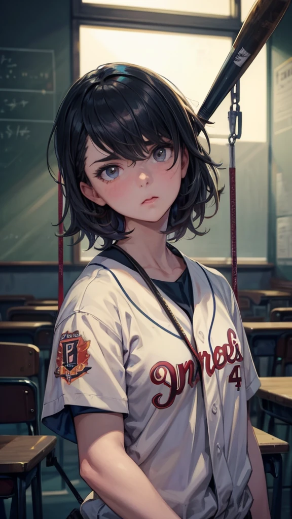 Classroom, Condescending Gaze, , look down, Glare, baseball bat, swing a baseball bat, cinematic lighting, UHD, best quality, highres, 8k