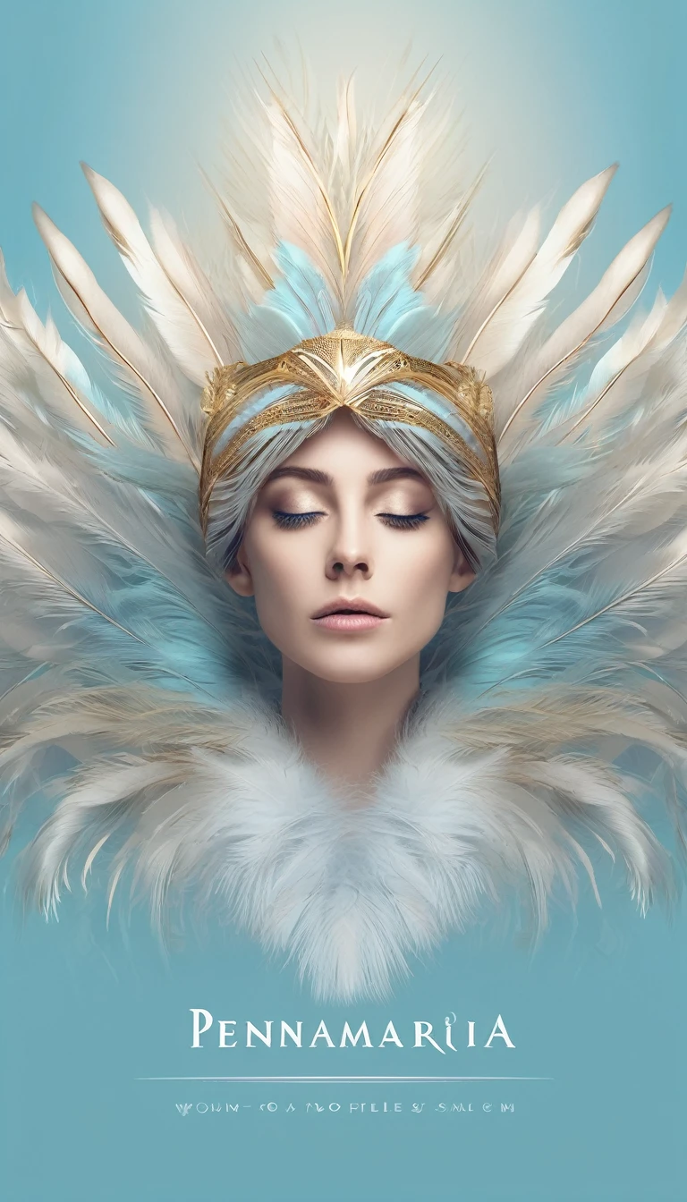 Create a professional, fantastic, cinematic dream-like Youtube Banner for a brand about music, stories, fantasy and dreams called " Penamemoria". Masterpiece, 4k, sharp focus, highest quality,wide shot. The title is " Penamemoria". Is a brand a creative, unique feather that symbolizes Memories. Minimalistic, simple, poetic, dreamy logotype at the center of the image. The Background image is a world full of fantastic feathers, unique birds, light blue sky, soft white and light golden. Logo design of a fantastic, unique, poetic Memory Feather
