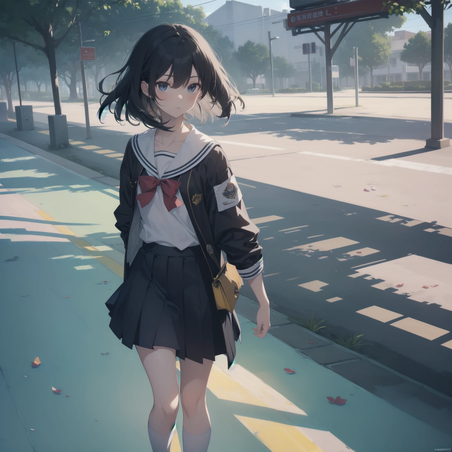 ultra-absurdres-Top quality by artist God, ultra-detailed, high resolution, anime moe artstyle, best anime 8k konachan wallpaper, pixiv contest winner, pool:2810, perfect anatomy,break, 1girl, (Please draw a girl walking sleepily to school alone. )break,(Solo,little female, 13-year-old:1.3),Full limbs, complete fingers,a junior high school student, (very short hair), short cut, flat chest, , small butt, small black eyes, beautiful detailed eyes, well-proportioned iris and pupils, expressive eyes, highres detailed hair, soft expression, salor school_uniform, sailor collar, serahuku, bow, pleated skirt,(Detailed Lighting), (Detailed background), in the School commute route. break,super detailed skin, Best cinematic lighting powered by famous artist, 8k,beauty illustration,photoshop_(medium),very aesthetic,break,((artist:haruhisky )), artist:clamp ,artist:carnelian ,artist:kantoku ,