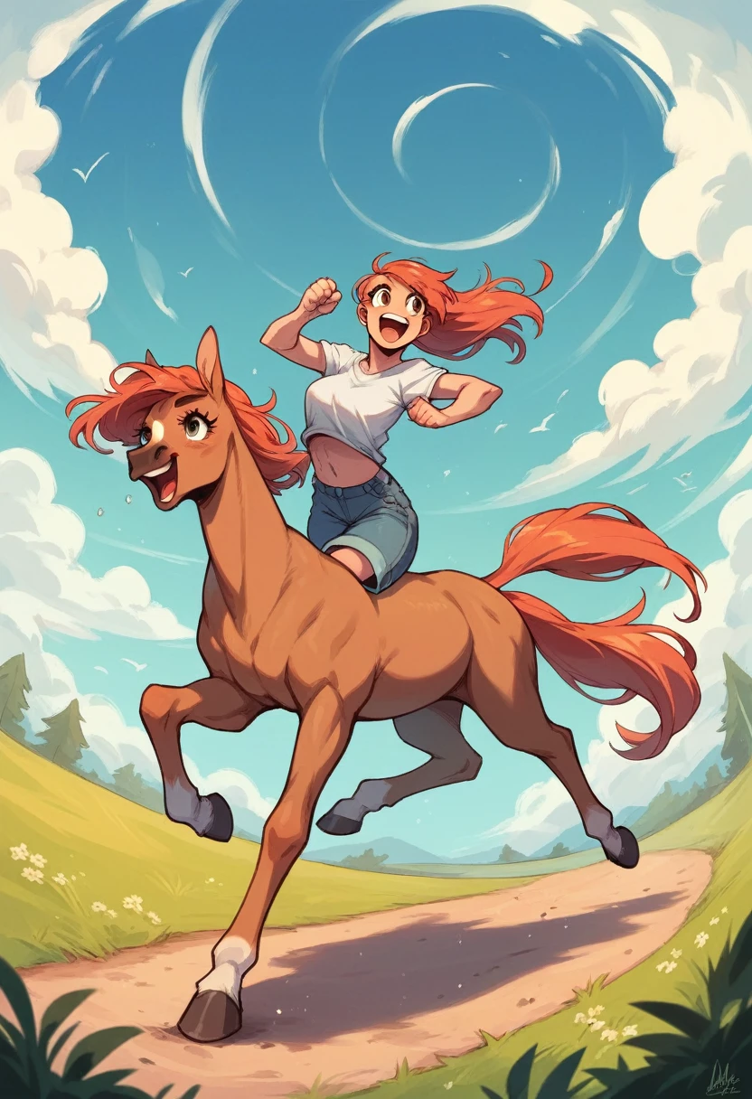 Female centaur, running looking at the sky, Happy face