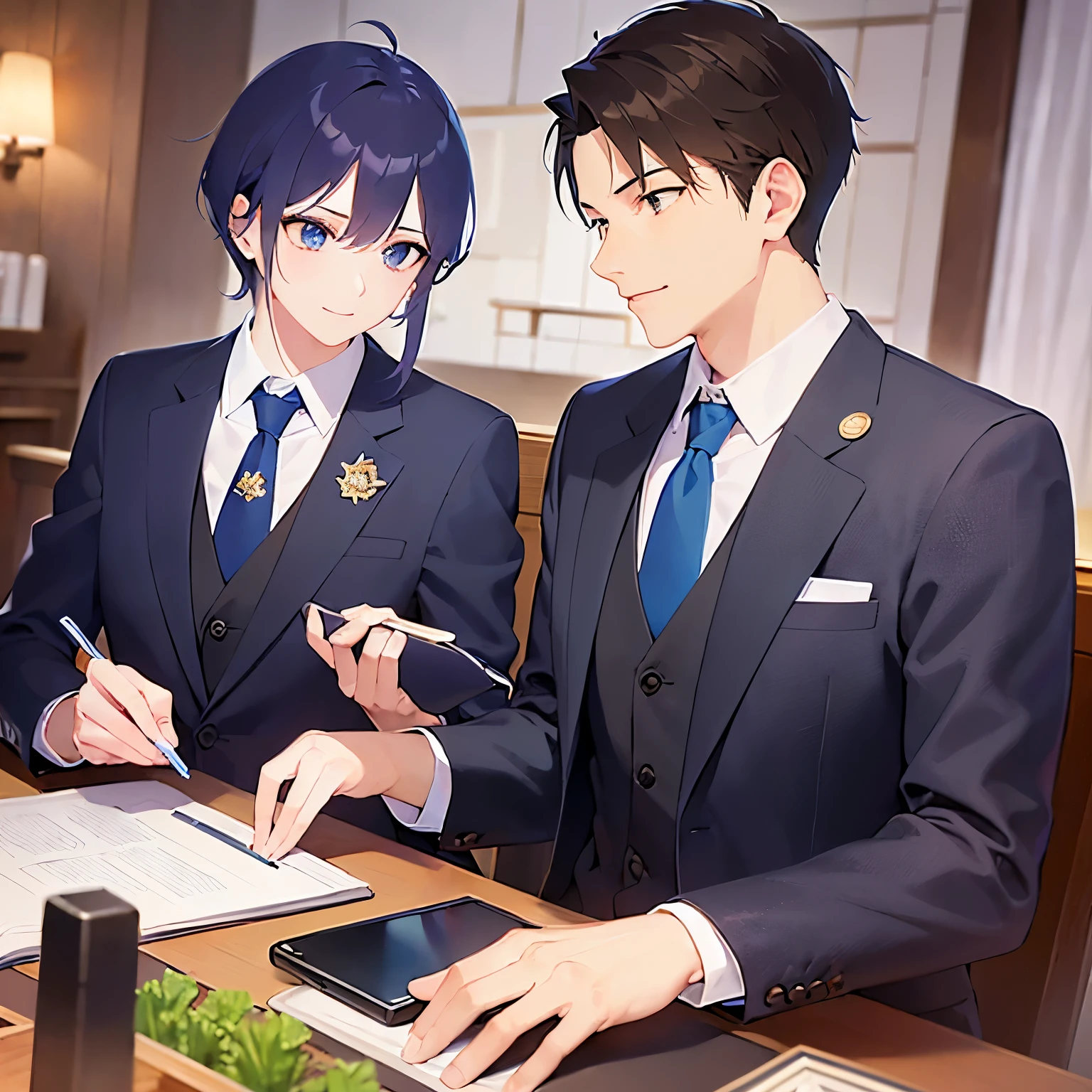 masterpiece、Highest quality、profile、Side shot、(alone:1.5)、
(25-year-old male:1.5) and(Black short hair) and (blue eyes), 
(suit:1.5) and (Blue tie）(suit:1.5) and (Blue tie）、
smile,The background is a tavern at night、Sitting、
