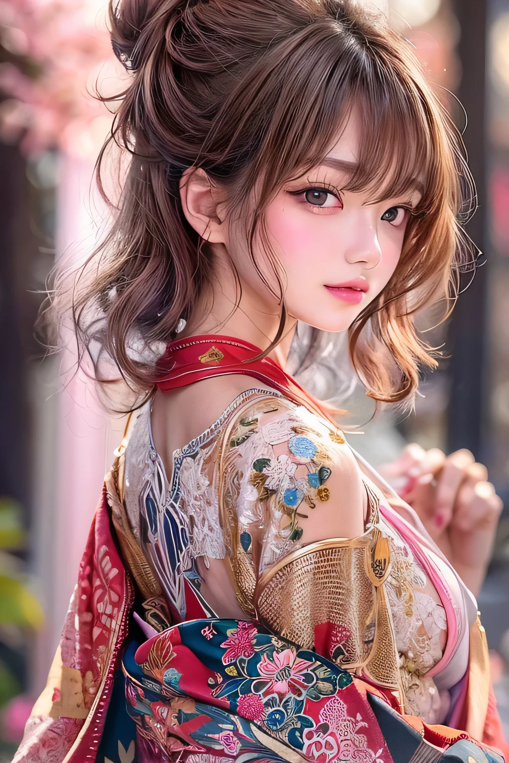 masterpiece, 1 Beautiful girls, Fine grain, highest quality, Ultra High resolution, (reality: 1.4), (backlighting), Beautiful Skin, (Ultra-realistic), (High resolution), (8k), (Very detailed), ( Best illustrations), Pouting slightly,  (Crystal colorful lights), Extremely refined and beautiful, beautiful detailed eyes, Round eyes, detailed facial features, (Round pupils:1.4), (alluring face), Smiling lips, (small breasts:1.3), enjoy, Open lips, (Beautiful and detailed face, Beautiful and delicate eyes), pink cheek, mascara, wavy brown hair, (cleavage:1.3), wearing a kimono, shoulders protruding, ((Drop shoulder)), Too much exposure,  (full body:1.3), midnight, dynamic pose,  (Angle from the rear, Close-up angle of the butt:1.5),