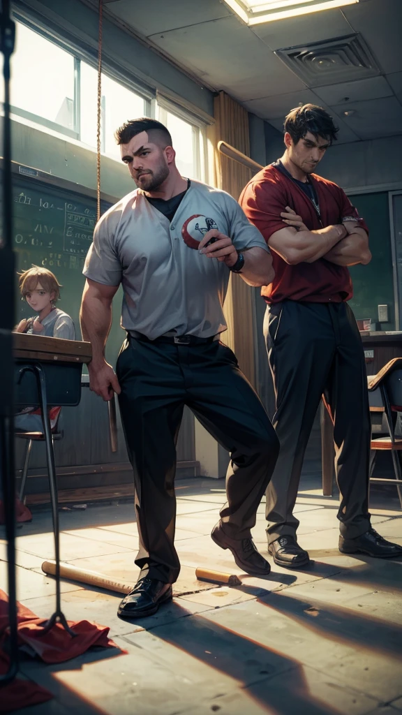 3 men, bullies, Classroom, Condescending Gaze, , look down, Glare, baseball bat, swing a baseball bat, dark lighting, UHD, best quality, highres, 8k,