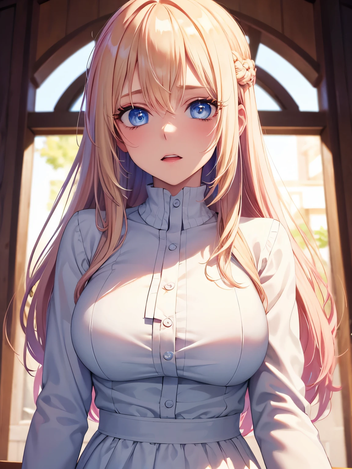 1woman,standing,blue eyes,Looking down, camera angle from below, Panic expression, teeth showing,,,Beautiful makeup, long eyelashes,early in the morning,stunning,half body photo, very detailed face,cute,,HD face, perfect face,Short white dress, pink cardigan,very big breasts,Blonde hair,blonde hair,blonde,bangs,long hair, straight hair,ultra detail,ultra Hd, masterpiece,4k
