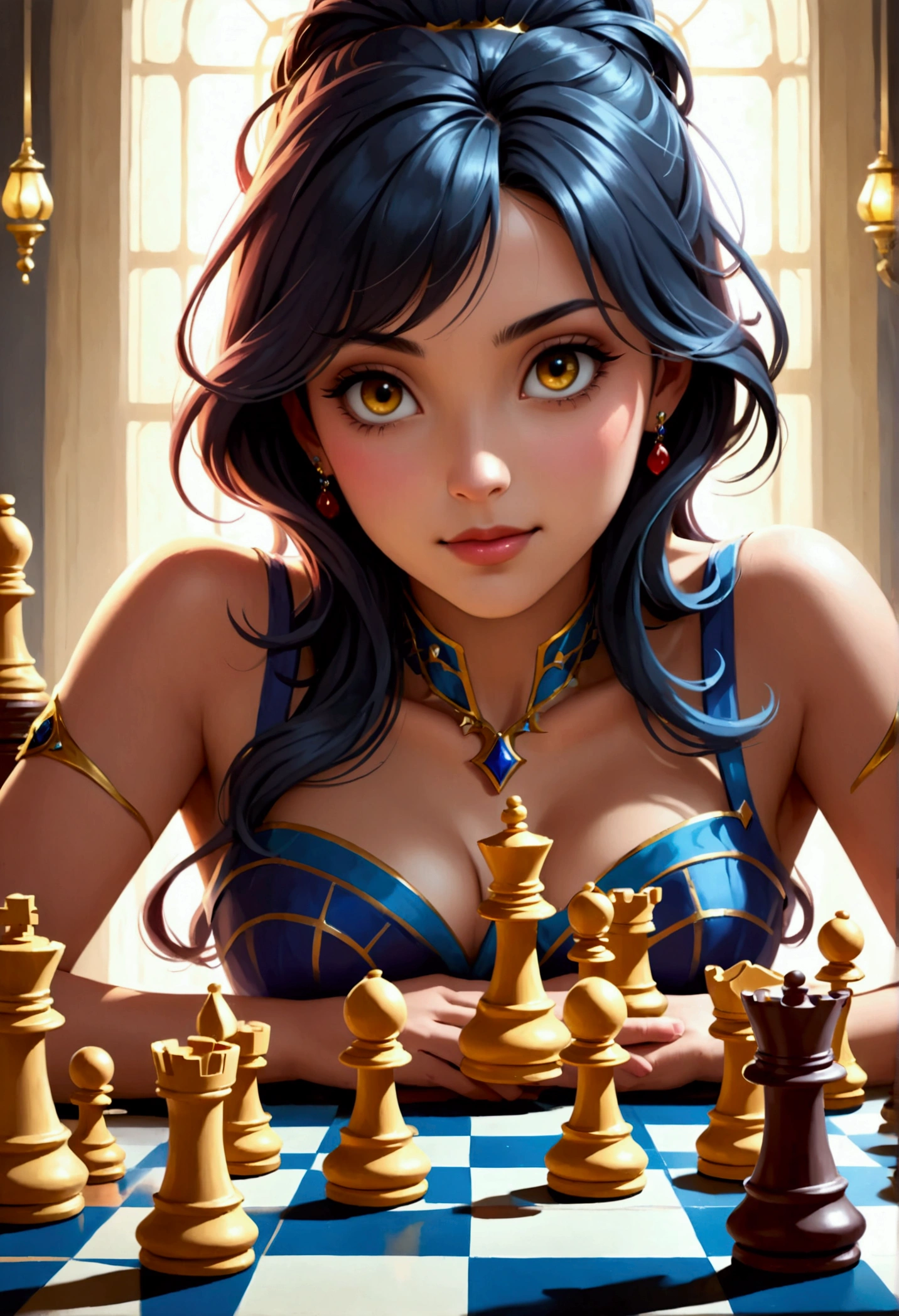 a picture of a woman winning chess game, a beautiful woman ((full body shot: 1.5)), ((anatomically correct: 1.5)) (ultra detailed face: 1.4), dynamic skin complexion, dynamic hair style, dynamic hair color, winning a chess game at chess tournament, she is dressed in elegant dress, intricate dress, dynamic color dress, dynamic style dress, wearing high heels, a look of satisfaction, a look of victory, a look of overcoming great obstacle, chess tournament background,  vibrant, Ultra-high resolution, High Contrast, (masterpiece:1.5), highest quality, Best aesthetics), best details, best quality, highres, 16k, [ultra detailed], masterpiece, best quality, (extremely detailed), Cinematic Hollywood Film style