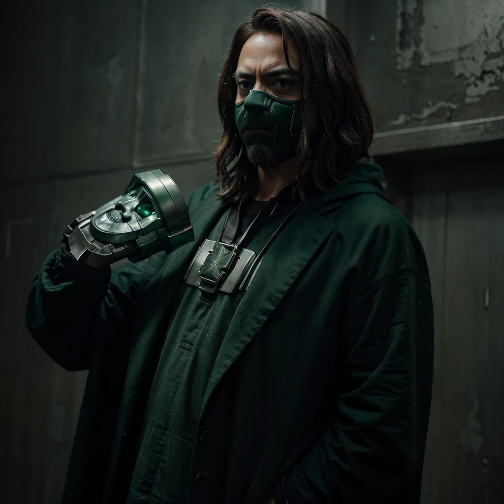 Robert Downey Jr characterized as Doctor Doom, green clothes, cold and evil look, holding a metallic mask in his hand, dark scenery