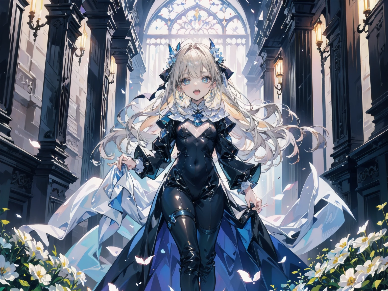 art：Cornflower,(masterpiece),(4K),high quality,(Perfect Anatomy),Flat Chest,((One girl)),(alone),Fairy,Long blonde hair,Pale skin,Beautiful and exquisite blue eyes, (Highly detailed elegant),(Detailed medieval costume),Detailed skin,Add a dramatic and symbolic element to your scene, Silky to the touch, Hyper Detail,romantic,Captivating smile, View your viewers, (Rich and colorful),(Walk through a field of white flowers),Quiet and dreamy atmosphere、It gives the whole scene a sense of warmth and charm.。,(Look at me sideways),From the side,Cinema Lighting