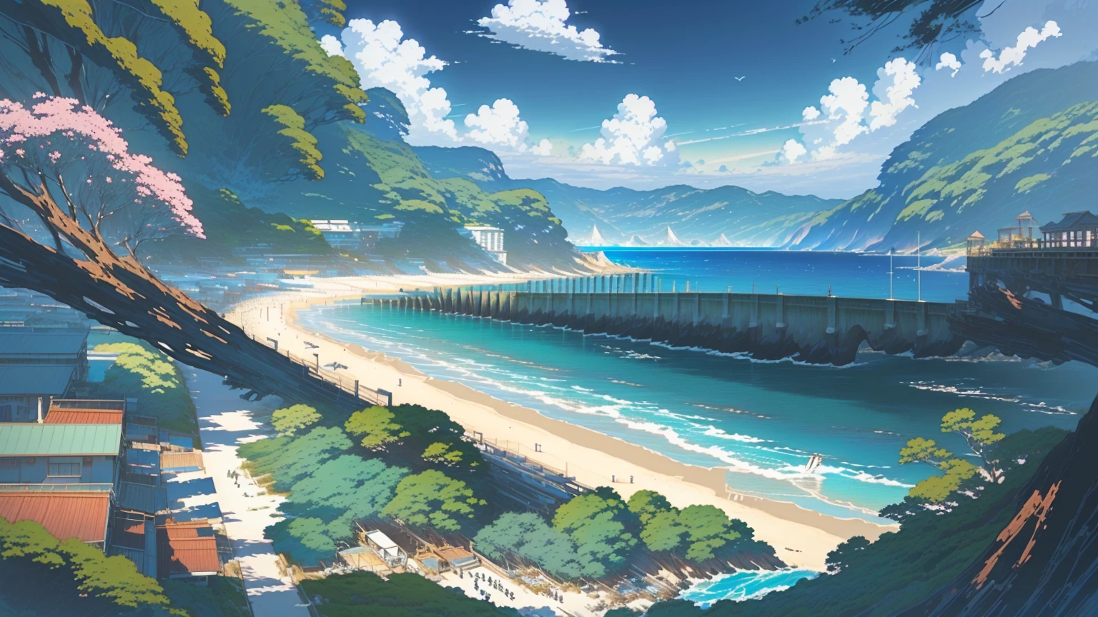 Beach Painting，There are boats and flowers on the shore, beautiful Anime Landscape, Ross Chen. Landscape background, Anime beautiful peaceful scene, Beautiful anime scene, studio glibly Shinkai Makoto, Blue Sea. by Shinkai Makoto, author：Kentaro Miura, Landscape Artwork, Anime Landscape, Shinkai Makoto. — 2160 hours