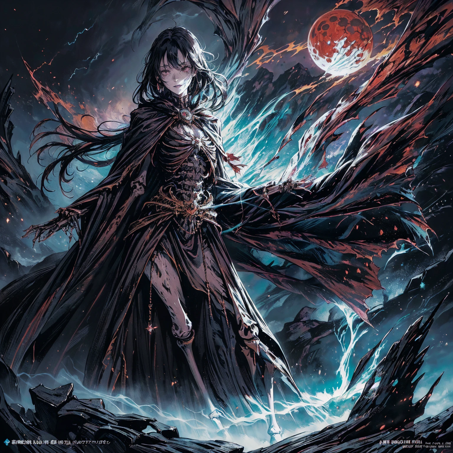 (full body shot:1.5), (Wide-angle lens:1.2), (black hair:1.5), best quality, 4K, high resolution, (masterpiece:1.2), Very detailed, (current:1.37), (Anatomically correct:1.2), Mood lighting, Undead girl in a long cloak, (Torso and limb is skeleton bone but head is still beautiful human face:1.2), Wearing a tattered gothic skirt, A sense of alienation, Dangerous sneer, Smiling and crying, Dark Force (StarWar), Force lightning radiates from fingertips, Facing the camera, Pitch black sky, Blood red moon, strange atmosphere, Gothic style, Unforgettable beauty, Dramatic shadows, Ethereal Light, Mysterious atmosphere, Resurrection from the grave, The Black Magic, Dead, Anime characters with black hair, Detailed cover design, Anime epic artwork, detailed key anime art, Be focused, dark fantasy artwork, Anime Fantasy Artwork, Official artwork with high detail, Dark Witch Panorama, Lich Vecna (d&d)