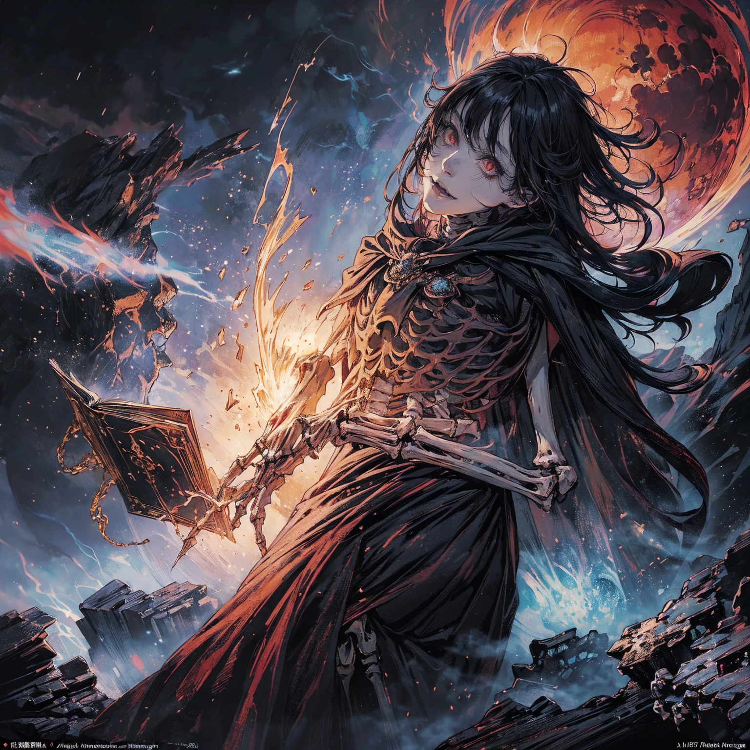 (full body shot:1.5), (Wide-angle lens:1.2), (black hair:1.5), best quality, 4K, high resolution, (masterpiece:1.2), Very detailed, (current:1.37), (Anatomically correct:1.2), Mood lighting, Undead girl in a long cloak, (Torso and limb is skeleton bone but head is still beautiful human face:1.2), Wearing a tattered gothic skirt, A sense of alienation, Dangerous sneer, Smiling and crying, Dark Force (StarWar), Force lightning radiates from fingertips, Facing the camera, Pitch black sky, Blood red moon, strange atmosphere, Gothic style, Unforgettable beauty, Dramatic shadows, Ethereal Light, Mysterious atmosphere, Resurrection from the grave, The Black Magic, Dead, Anime characters with black hair, Detailed cover design, Anime epic artwork, detailed key anime art, Be focused, dark fantasy artwork, Anime Fantasy Artwork, Official artwork with high detail, Dark Witch Panorama, Lich Vecna (d&d)