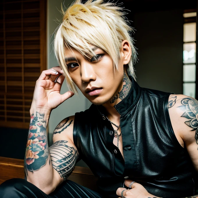 Japanese gothic rocker man, male, Asian eyes, muscular, broad shoulders, yakuza tattoos, hairstyle Visual Kei style, hair Visual Kei, black men's shirt and black pants, ultra detailed face, hyperrealistic, realistic representation, 30 years old, age 30 years,, blonde hair