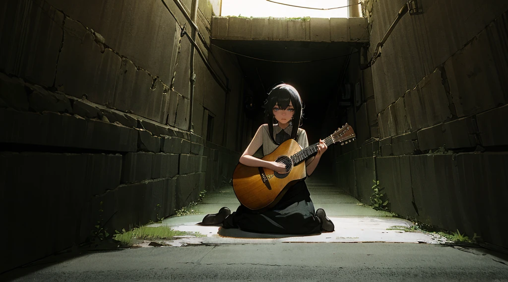 (masterpiece:1.3), (the best quality:1.2), 

masterpiece,night,(dark alley),dire backgroud,
(1 girl), (solo), Knee hugging sitting，acousticguitar