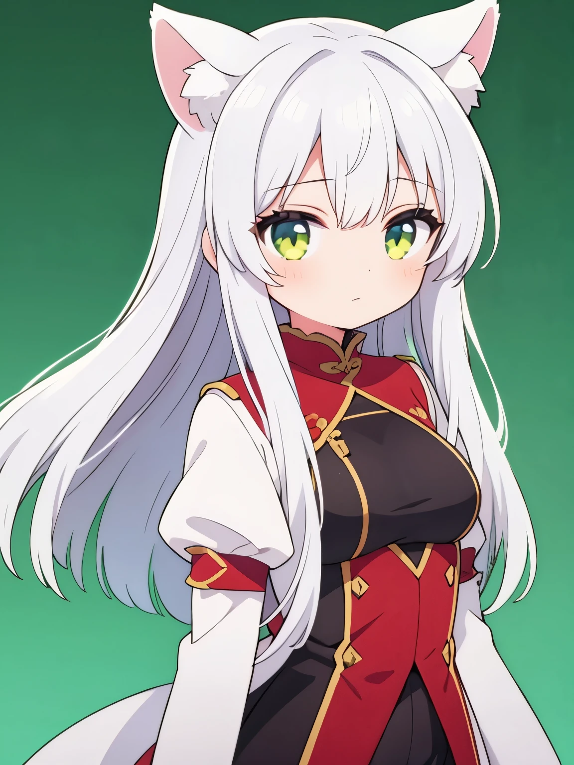 1 Girl,White hair,Long hair,Red Cliff,whole body,Green Background,Cat ear,