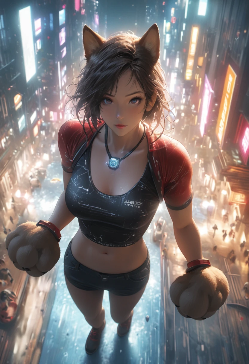 Realistic Dog、Shiba Inu、Realistic depiction、Perfect Face、Perfect Eyes、Perfect dog paws、Hold Above、Bright colors、The city of the future is visible below、Flashing lights、special tasks、The alarm goes off、Rimlight transparent special effect、Full body portrait、High angle、OC Renderer、Octane Renderer、Ultra detailed futuristic city background、Attention to detail、4K、masterpiece.