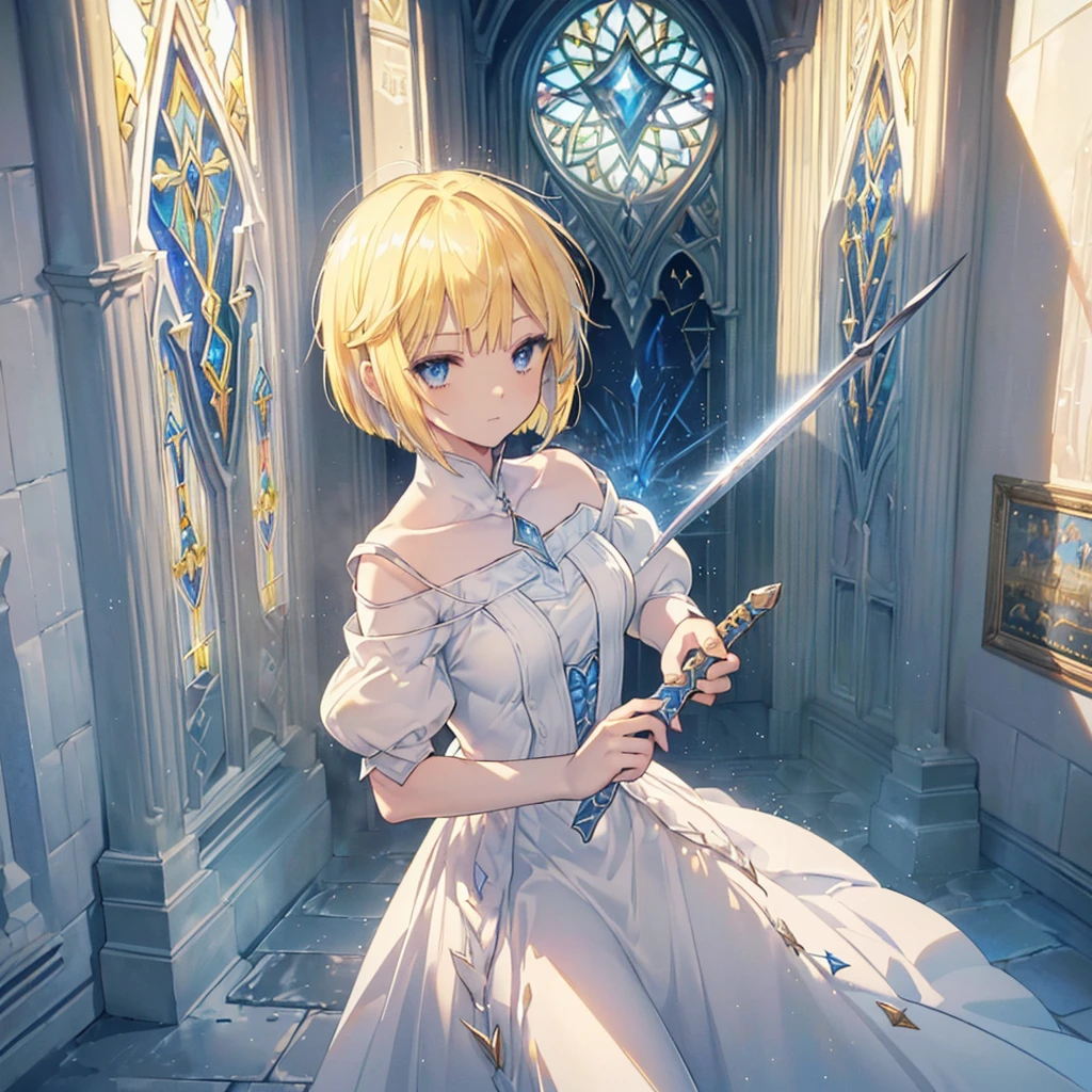 ((((Arthur Pull the sword from the stone、Excalibur)))) (((Yellow Hair、Short Bob blue eyes White Dress Goddess of victory))) ((Bathed in light)) (Stained glass、Shine Illuminated from above) Shineエッジ Shine背景