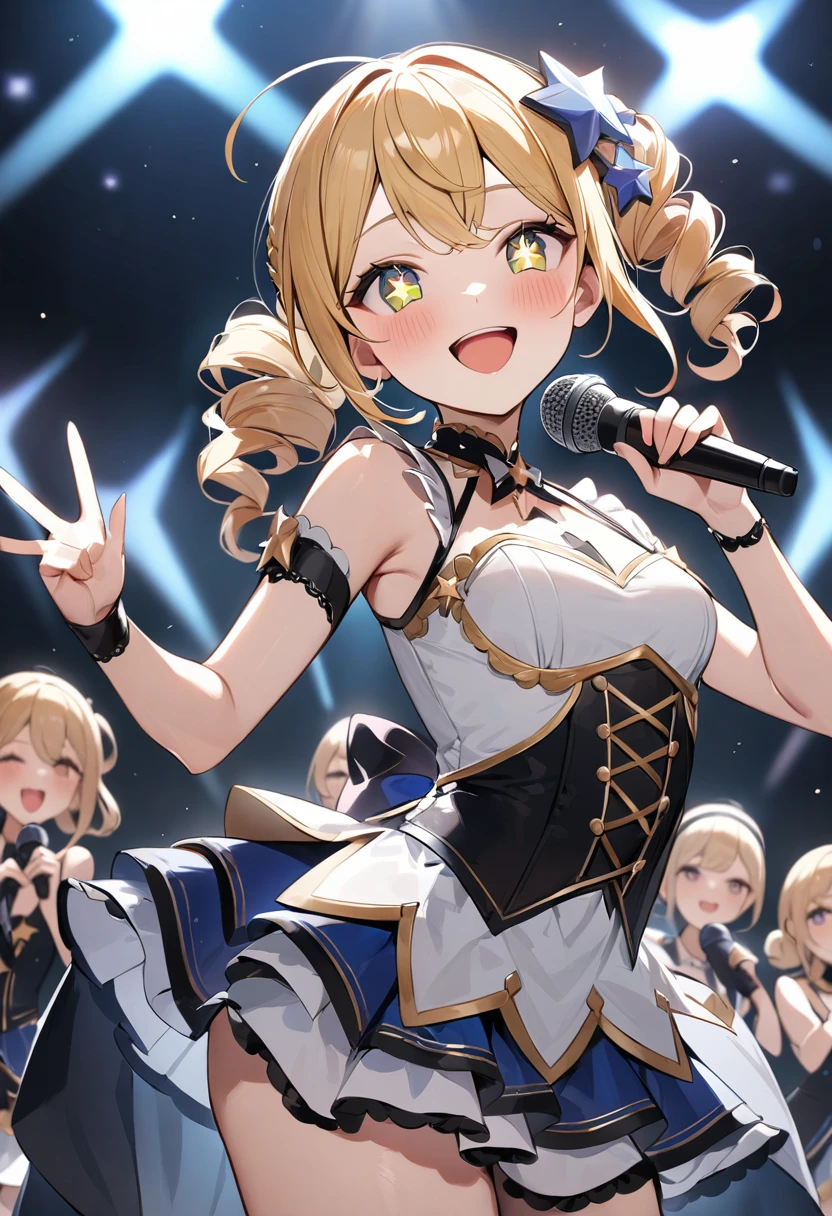 (masterpiece, top quality, very aesthetic, 4k、illustration), intricate detail, 1woman,contrapposto 、,(cowboy shot)、Stand microphone,(star-shaped pupils),Cute 、singing、Open mouth happy smile、Random Hairstyle、Random Hair Color、,middle hair,sidelock ,Random Color　eyes、idol clothes、small breasts、Slim 、