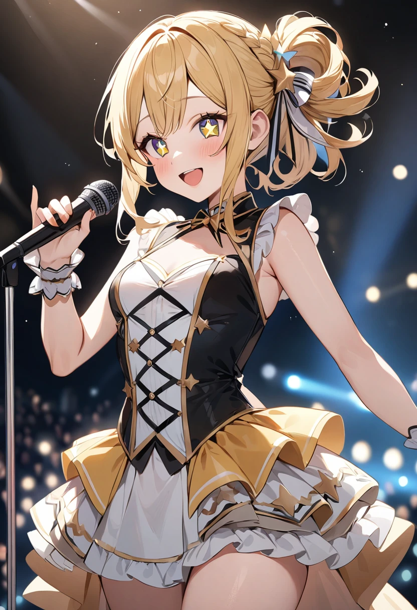 (masterpiece, top quality, very aesthetic, 4k、illustration), intricate detail, 1woman,contrapposto 、,(cowboy shot)、Stand microphone,(star-shaped pupils),Cute 、singing、Open mouth happy smile、Random Hairstyle、Random Hair Color、,middle hair,sidelock ,Random Color　eyes、idol clothes、small breasts、Slim 、