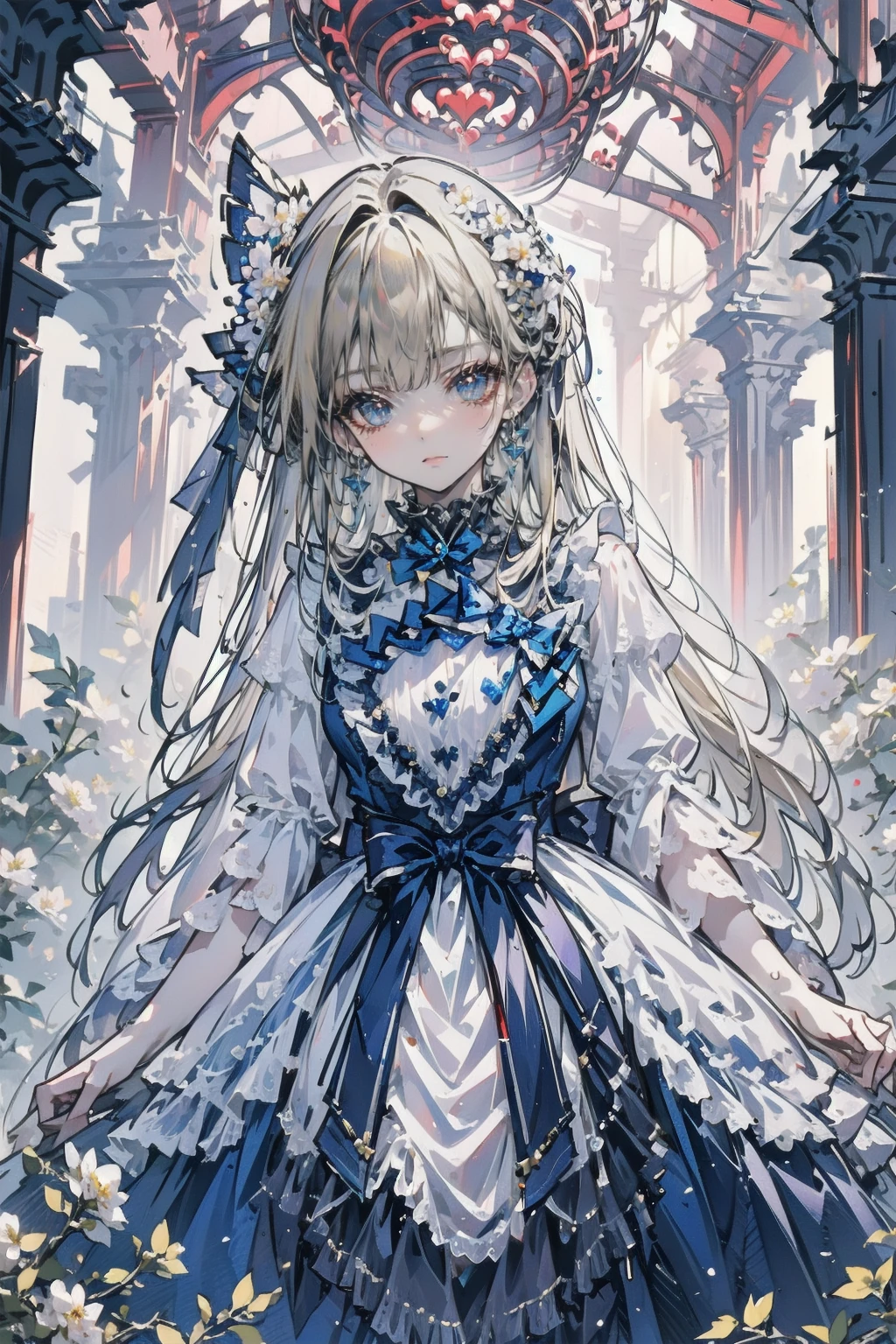 art：Cornflower,(masterpiece),(4K),high quality,(Perfect Anatomy),Flat Chest,((One girl)),(alone),Fairy,Long blonde hair,Pale skin,Beautiful and exquisite blue eyes, (Highly detailed elegant),(Detailed medieval costume),Detailed skin,Add a dramatic and symbolic element to your scene, Silky to the touch, Hyper Detail,romantic,Captivating smile, View your viewers, (Rich and colorful),(Walk through a field of white flowers),Quiet and dreamy atmosphere、It gives the whole scene a sense of warmth and charm.。,(Look at me sideways),From the side,Cinema Lighting