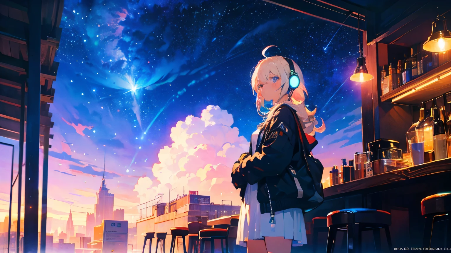 Absurd, High resolution, (Official Art, beautifully、beautiful:1.2), close, Bright sky, A vast world, girl, Wear headphones, stare, Awe-inspiring expressions, Night Cafe, Starry Sky, neon, Natural Beauty, Inspiration, Light effects,