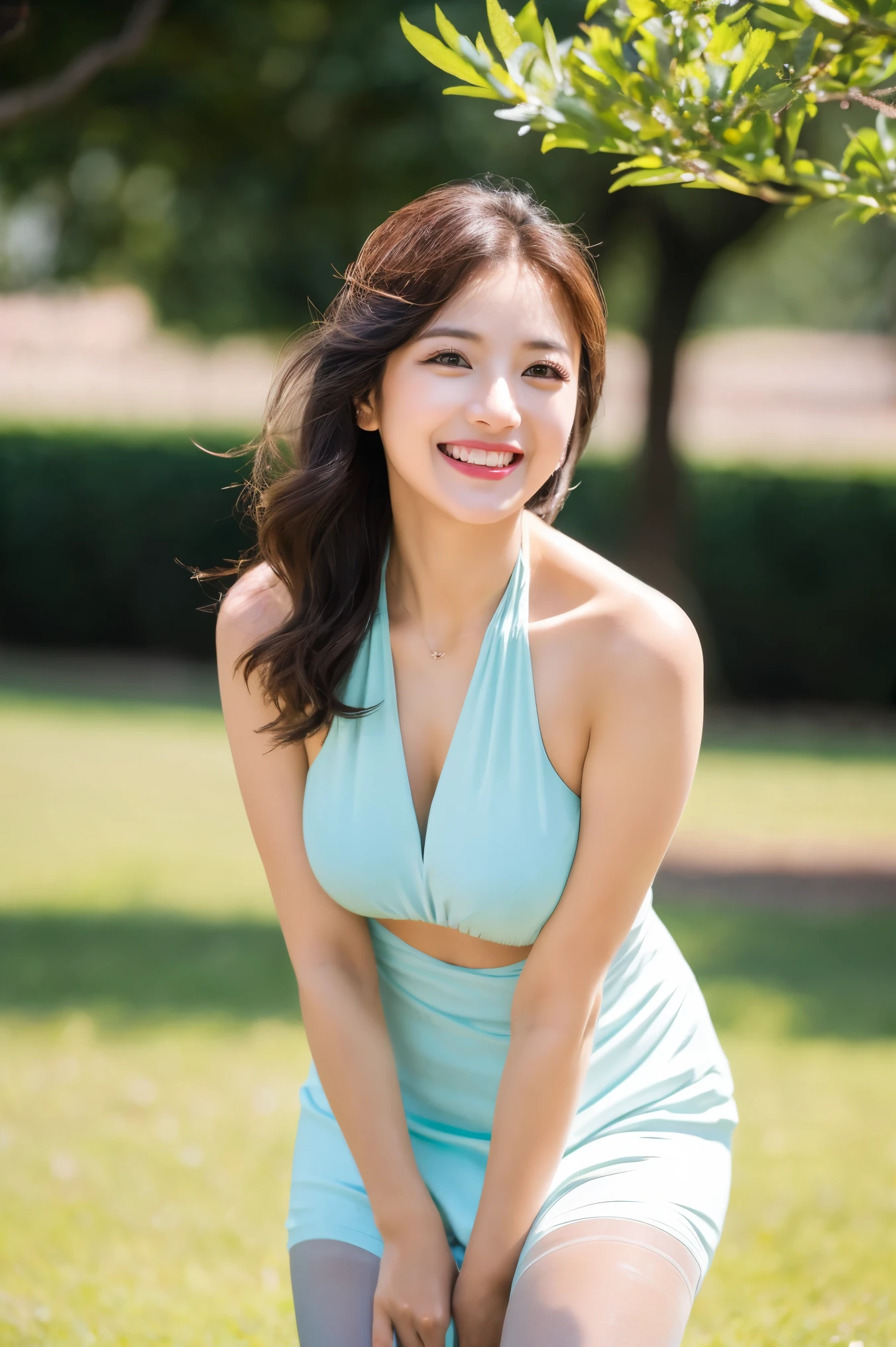 (((8k、High resolution、Highest quality、High resolution)))alone、Beautiful woman with perfect figure: 1.2, Natural body shape、Crouch down、White skin、Natural Makeup、Halter neck dress、(Ultra-realistic pantyhose:1.3), Skirt and thighs、High heels、(Full Body Shot), Grin, Beautiful mature woman, pastel colour、Random Color、love affair、delight、Get excited、happiness、love、Love love、field、(Strong winds:1.3),