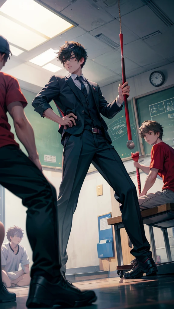 3 teenager males, bullies, Classroom, Condescending Gaze, , look down, Glare, baseball bat, swing a baseball bat, dark lighting, UHD, best quality, highres, 8k, school thug