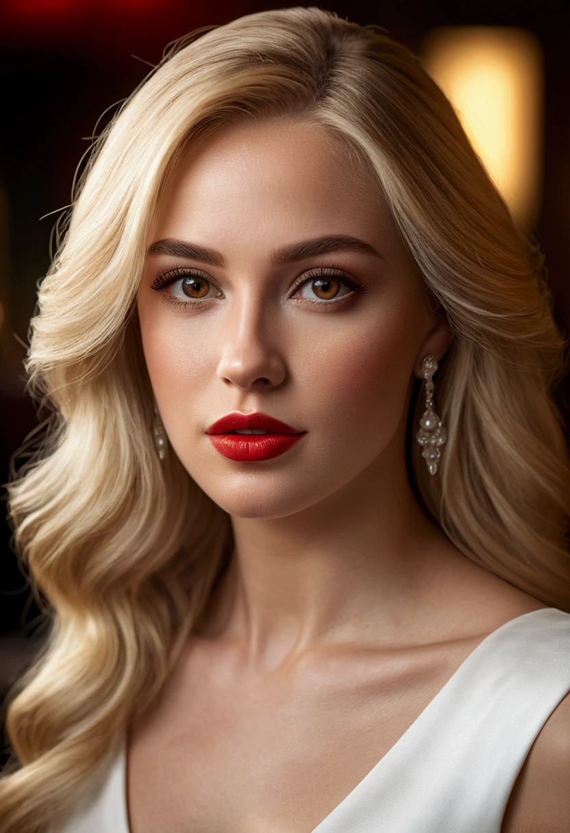 a beautiful blonde woman with long hair, wearing a white dress, high heels, brown eyes, pretty face, blonde woman portrait, red lips, blonde woman on a restaurant, (best quality,4k,8k,highres,masterpiece:1.2),ultra-detailed,(realistic,photorealistic,photo-realistic:1.37),intricate details,highly detailed,elegant,fashionable,graceful,warm lighting,soft focus,natural lighting,detailed skin texture,volumetric lighting,cinematic lighting,dramatic lighting,chiaroscuro lighting,studio lighting,warm color palette,vibrant colors,muted colors,atmospheric,photorealistic,professional photography,digital painting,oil painting,fine art portrait