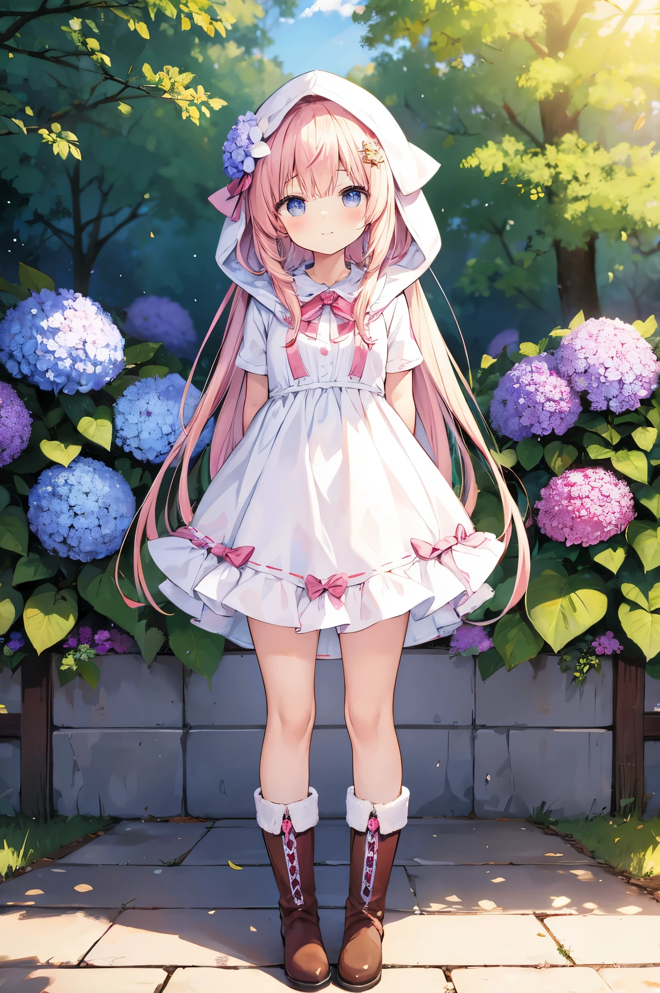 , (masterpiece, best quality:1.1), 1girl, flat chest, kafuu chino, blush, outdoors, rainbow, arms behind back, hydrangea,flower,boots,hair ornament,teruterubouzu,hood up,footwear,pink flower,standing,leaf,food-themed hair ornament,hair bow,hair flower, sunlight