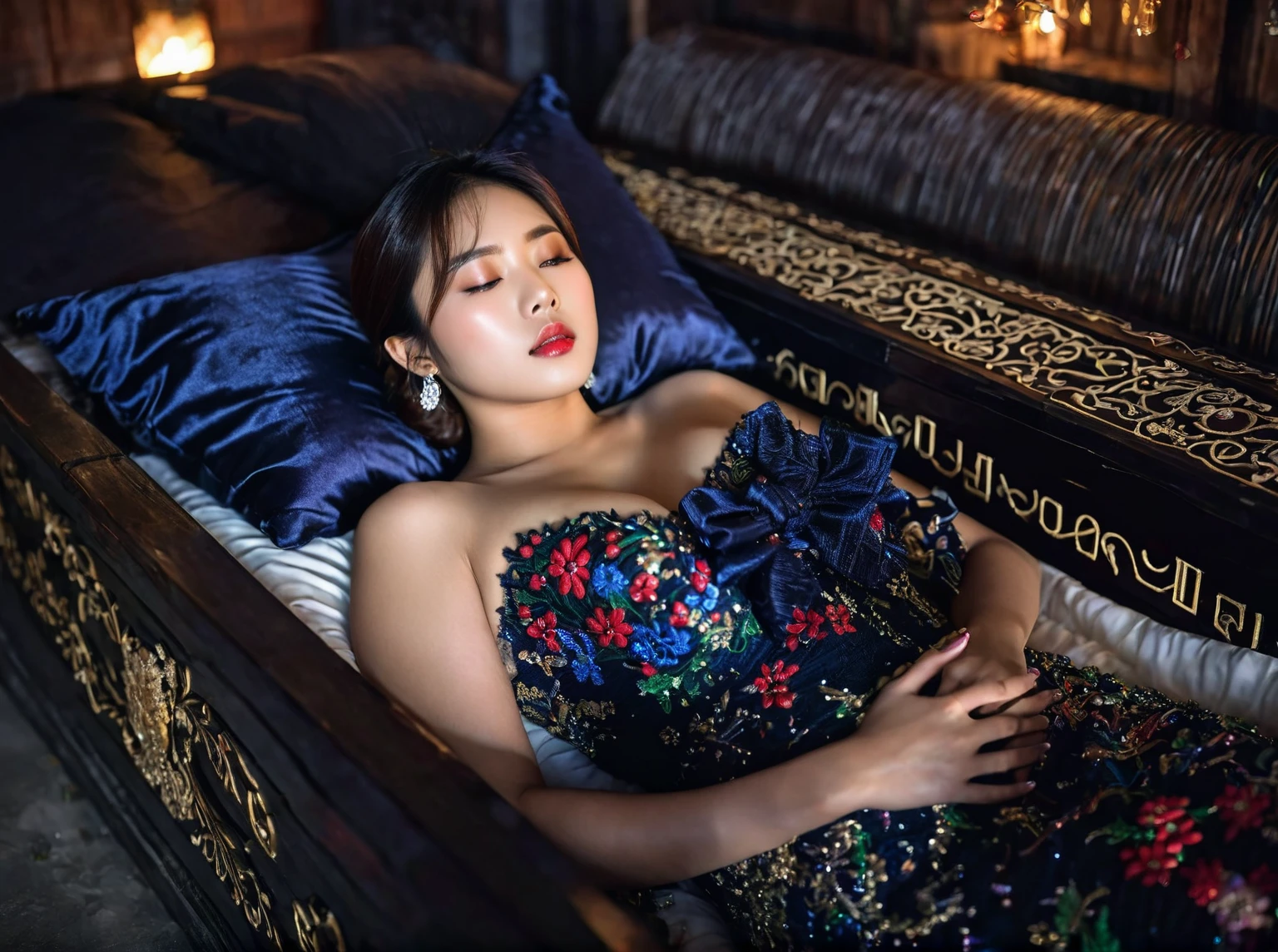 In a striking 8K HDR scene, a stunning Korean woman, 22 years old, lies peacefully in a black coffin surrounded by plush pillows. The deep box is set against a rich black background, accentuating the beauty of the subject. Her exquisite deep-V neckline kebaya attire is embroidered with superb detail, showcasing her round and firm breasts, perfect cleavage, and beautiful eyebrows. Her closed eyes and mouth give an air of serenity, while her visible and absolute cleavage leave nothing to imagination. The scene is bathed in saturated colors, highlighting every intricate aspect from the ball skirt to her clean face, straight body, detailed hand perfect hands, straight body, own hands together, own hand on stomach, detailed hands, perfect hands.