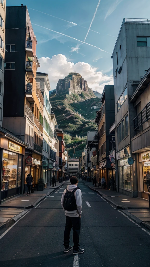 anime wallpaper, atmosphere in city shops, looks clean, quiet atmosphere, mountains visible from a distance, you can see a young man standing in the middle of the road looking forward, comic characters, 32 K