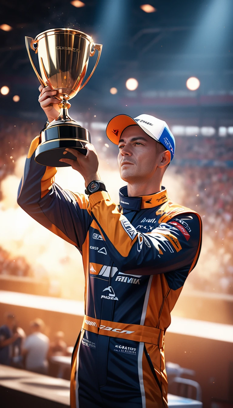 Award-Winning Moment, a rally driver raising trophy, high-quality detailed portrait, dramatic lighting, motion blur, dynamic pose, cinematic composition, hyperrealistic, octane render, 8k, photorealistic, masterpiece, dramatic lighting, cinematic colors, moody atmosphere, ultra-detailed, studio lighting, sharp focus, physically-based rendering, professional, vivid colors, bokeh