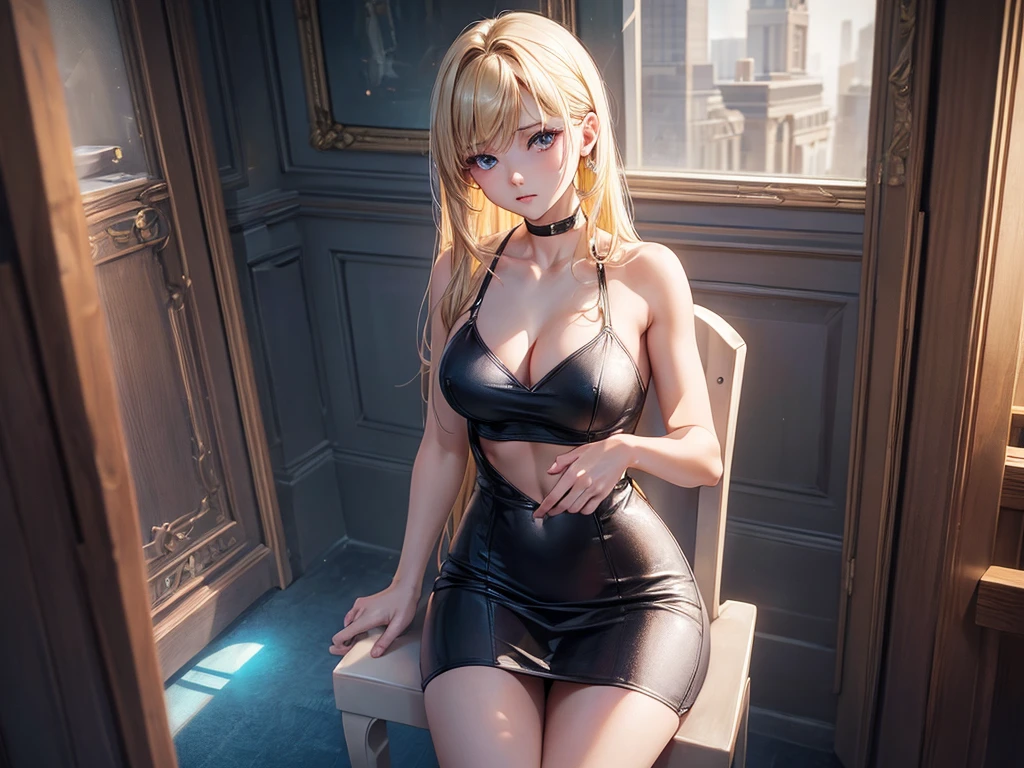 (masterpiece), (best quality), (detailed), light layer, 1solo girl, young girl, perfect body, blonde hair, defined chest, defined collarbone, ultra realistic, photorealistic, detailed, ,Enhance, Short lighr blue Mini Dress Low chest Bodycon Club Evening Sexy Dress, black background, white spotlight, sitting in chair