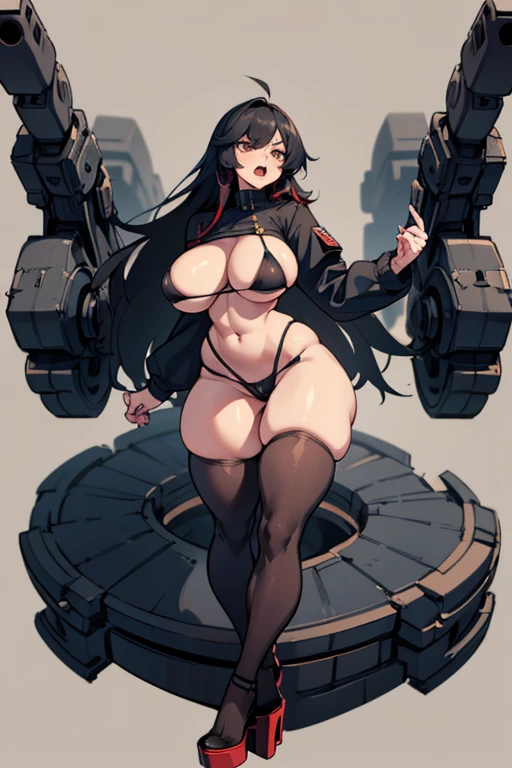 Angry look, Open mouth, scream, young girl, Pullover, whole body to see, long down hair, (( very wide hips)), (((colossal Thighs, gigantic thighs, very huge thighs, very big thighs))), fullbody, platform heels, black skin, very Big breast, gun, soldier girl , full body, military , small bikini, mini bikini, cyberpunk, battle, tight stockings, tattoos,curvy, firm breasts, sexy pose, big legs, exposed legs,