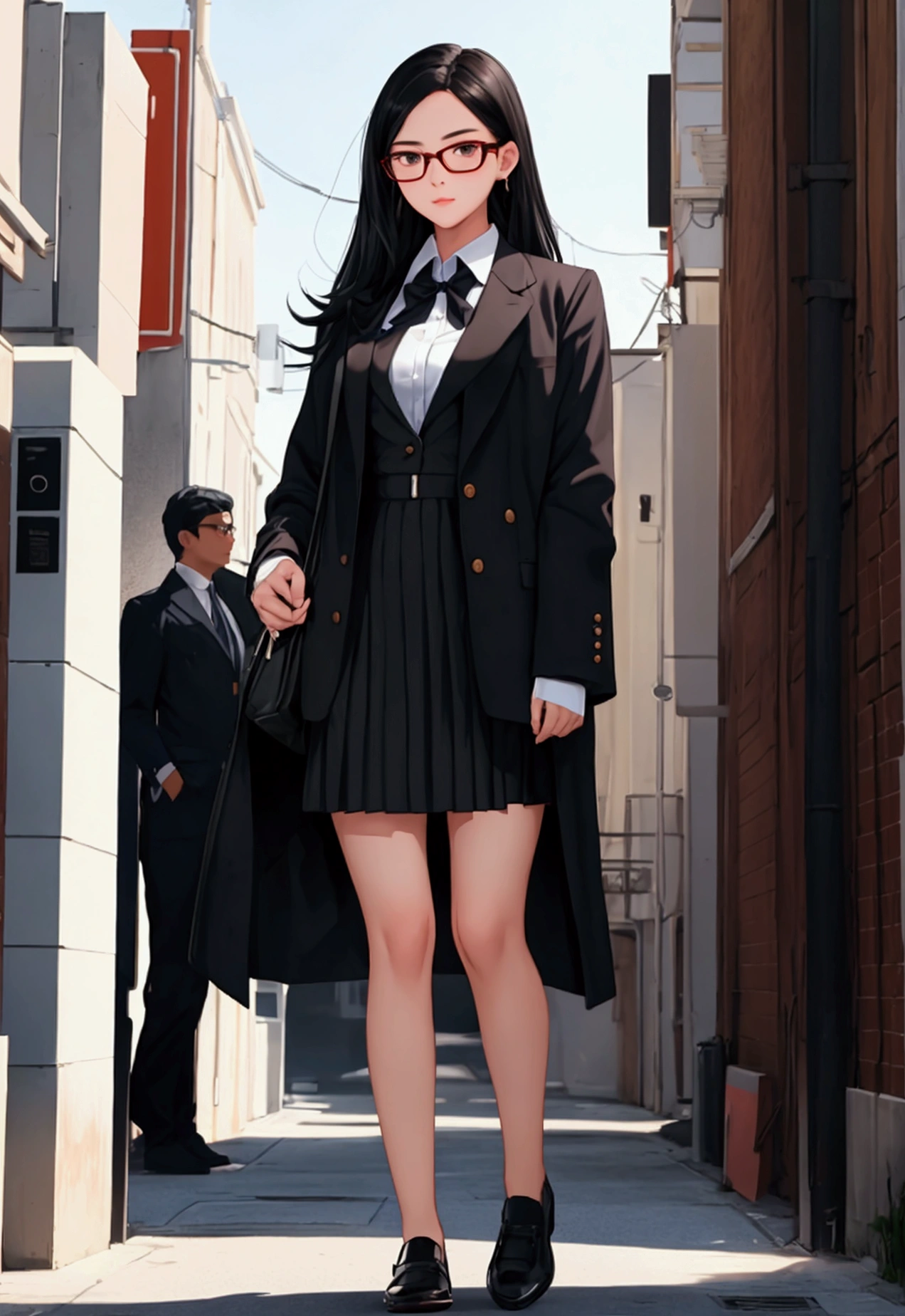 high school girl, Chairman, Glasses, Black Hair, , Full body front portrait