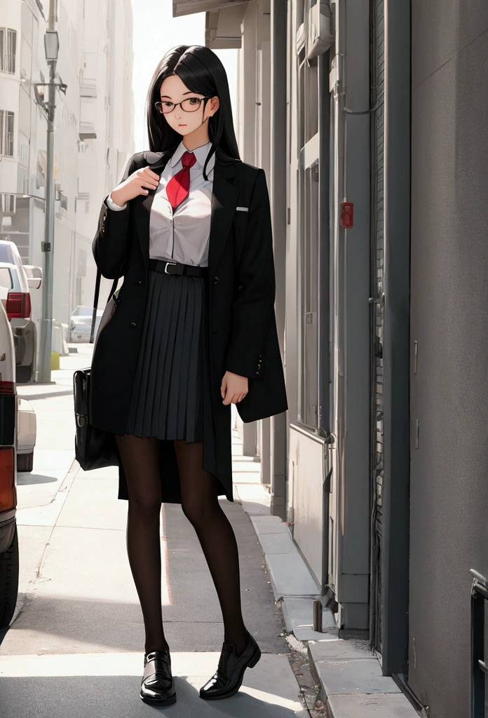 high school girl, Chairman, Glasses, Black Hair, , Full body front portrait