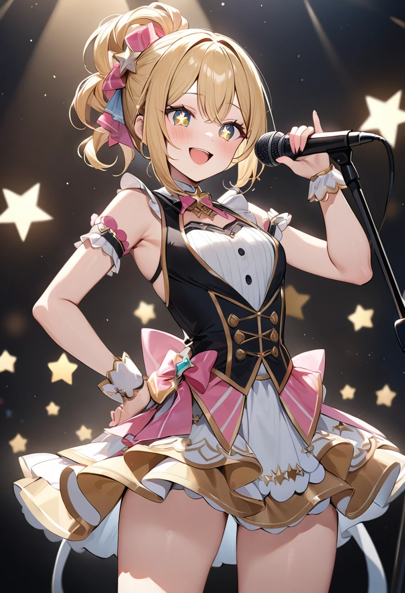 (masterpiece, top quality, very aesthetic, 4k、illustration), intricate detail, 1woman,contrapposto 、,(cowboy shot)、Stand microphone,(star-shaped pupils),Cute 、singing、Open mouth happy smile、Random Hairstyle、Random Hair Color、,middle hair,sidelock ,Random Color　eyes、idol clothes、small breasts、Slim 、