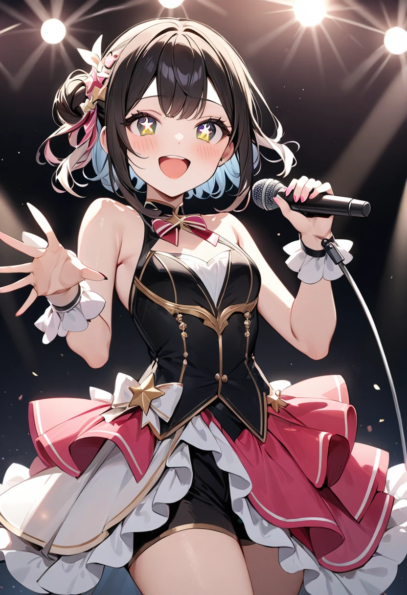 (masterpiece, top quality, very aesthetic, 4k、illustration), intricate detail, 1woman,contrapposto 、,(cowboy shot)、Stand microphone,(star-shaped pupils),Cute 、singing、Open mouth happy smile、Random Hairstyle、Random Hair Color、,middle hair,sidelock ,Random Color eyes、idol clothes、small breasts、Slim 、