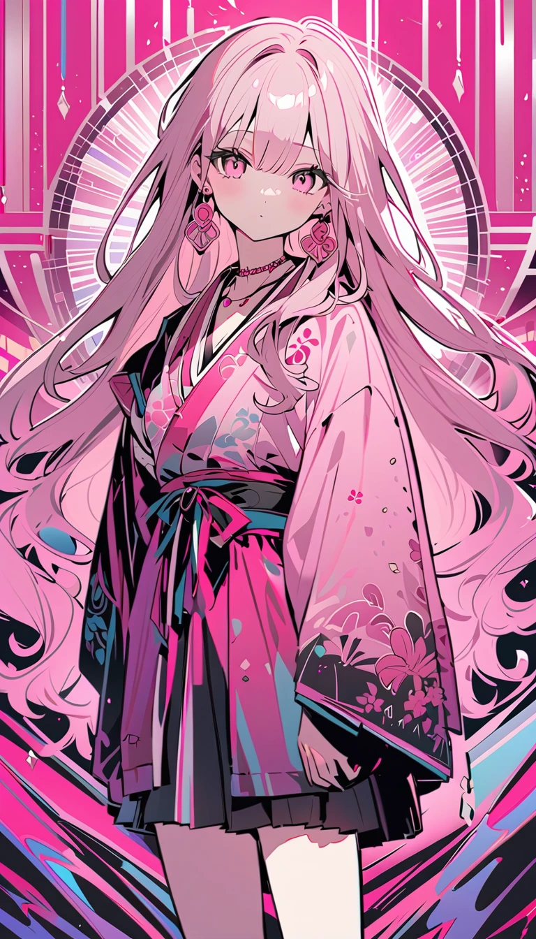 1 woman, alone, long hair, looking at viewer, shining eyes, earring, necklace, kimono, whole body, pink theme, Vivid colors,
