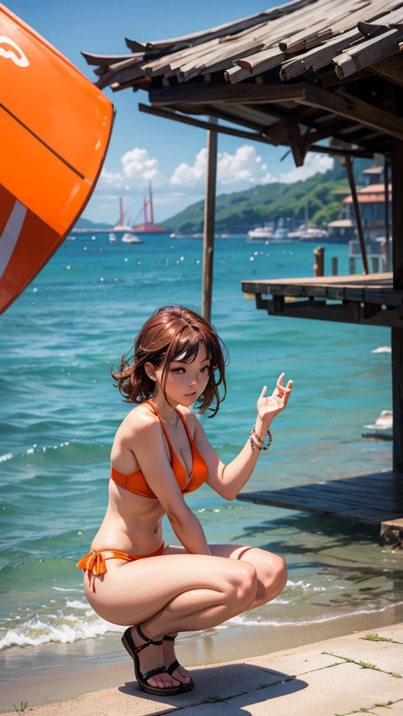 Wearing sexy orange bikini, graceful figure, coquettish, pier front, random enchanting movements, facing the camera, imaginative, first love, squatting